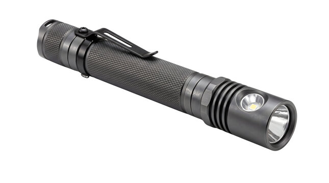 Tactical LED flashlight on white background, compact metal torch light, portable outdoor emergency lighting tool, black metallic edc pocket flashlight