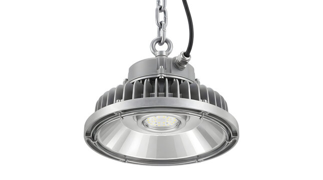 Industrial LED high bay lamp fixture, hanging silver metallic warehouse light, commercial ceiling illumination equipment isolated on white
