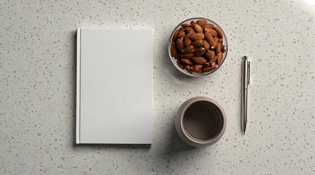 Blank white book mockup lies next to a bowl of almonds, a silver pen, and a ceramic cup on a speckled terrazzo surface.