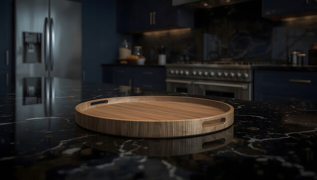 Wooden tray mockup on dark marble countertop