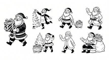 Fototapeta premium Cute Santa Claus Character Set Vector Black and White Line Art Line Art Collection for Christmas
