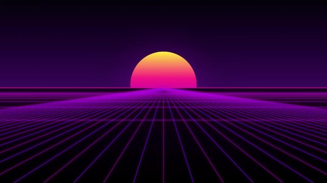 Retro synth wave landscape with glowing suns over digital grid hills during twilight