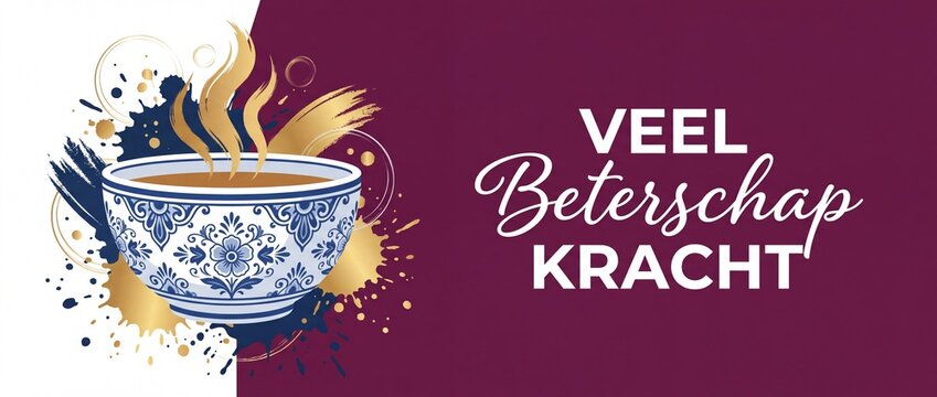 Hot soup bowl get well beterschap card with steaming broth and ornate blue delft pattern on burgundy background for sympathy, comfort, recovery, health greeting concept and banner template.