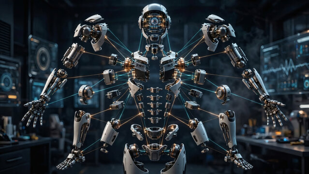 Futuristic Multi-Armed Robot in High-Tech Laboratory, AI Cybernetic Cyborg Concept