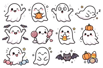 Fototapeta premium Cute Kawaii Ghost Sticker Set with Pumpkins, Candy and Bats, Halloween Clipart Illustration