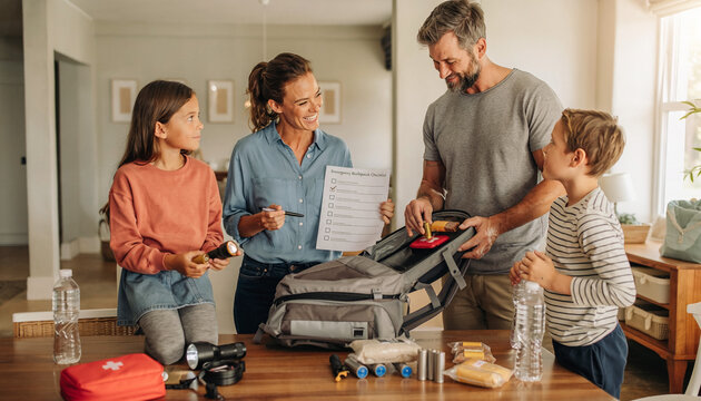 A smiling family works together at home to organize an emergency backpack, using a checklist to ensure readiness. This heartwarming scene promotes safety, preparedness, and responsible teamwork.
