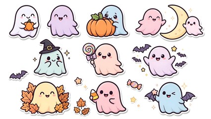 Obraz premium Kawaii Ghost Sticker Collection with Pumpkin, Bats and Autumn Leaves, Halloween Illustration