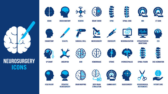 Neurosurgery Icons Brain, Spine, and Surgical Tools Set
