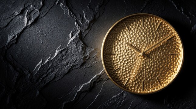 Elegant gold clock with textured surface hangs on dark stone wall. Luxury timepiece shows time on black slate background. Minimalist metal clock concept for business productivity, schedule