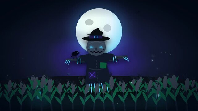 Spooky Halloween Scarecrow in Cornfield Night Animation Loop. Halloween Pumpkin Scarecrow with Glowing Eyes Full Moon and Flying Bats Loop