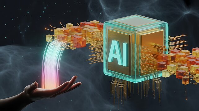 Artificial intelligence cube floating above a human hand