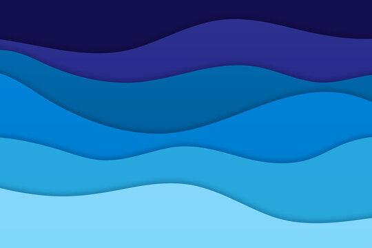 Blue papercut sea waves background with flowing curves and soft shadows. Paper art ocean backdrop with abstract wave shapes. Modern wavy design for banners, covers, websites, presentations projects