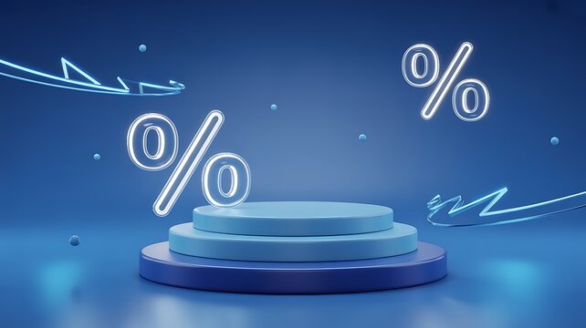 Blue podium with glowing percent signs for product sales