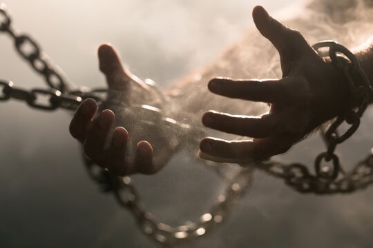 Softly lit hands breaking through misty chains symbolizing freedom from mental burdens