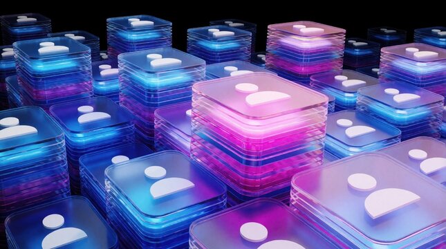 Digital stacks of glowing user profile tiles represent customer data platform. Transparent 3D icons show identity management, personal info governance. Abstract visual of big data, user accounts,