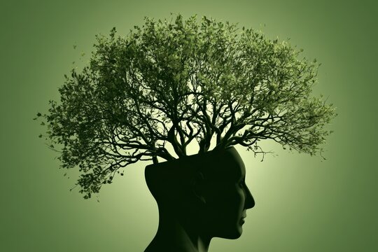 Human head profile with flourishing tree branches growing upward