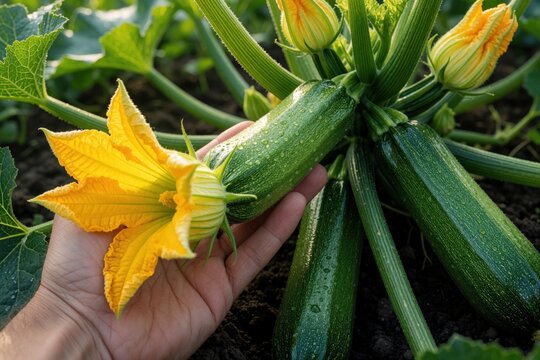 Hand holds fresh green zucchini with bright yellow flower in vegetable garden. Close up of organic courgette plants growing on farm. Ripe marrow squash crops ready for harvest in summer field with
