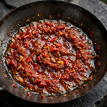 The process of making chili oil, currently being cooked in a wok.