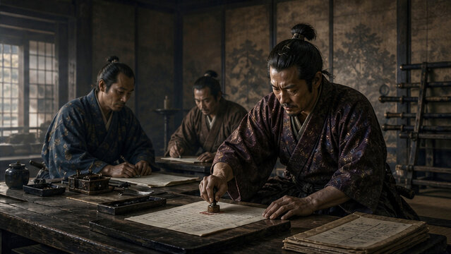 Japanese scribes writing with brushes beside an open window