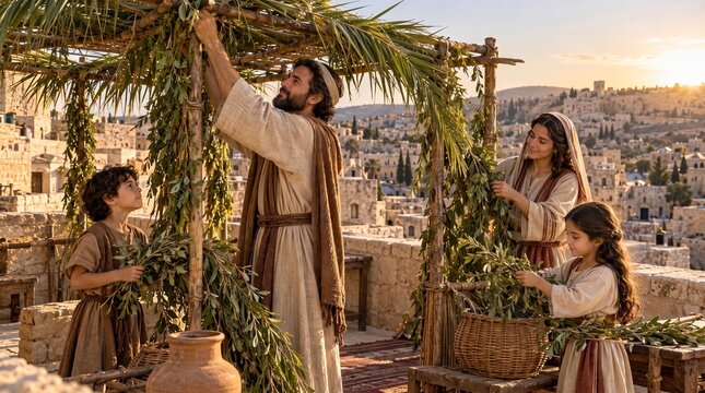 Biblical Jewish family building a Sukkah on a rooftop in ancient Jerusalem. Parents and children preparing for the Feast of Tabernacles (Sukkot) with palm branches at sunset. Cinematic historical illu