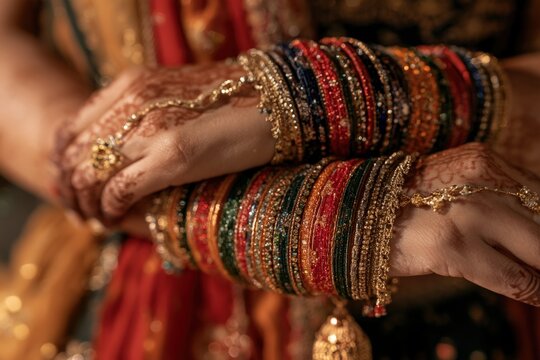 Woman's crossed hands adorned with henna and colorful bangles