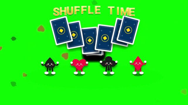 Animated Playing Cards Shuffle with Cute Suit Characters on Green Screen