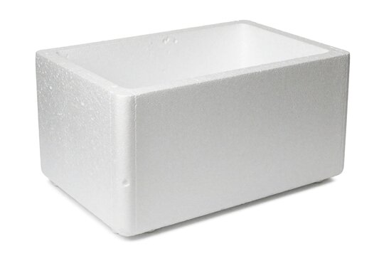 Empty white styrofoam cooler box isolated on white background. Rectangular expanded polystyrene container for food storage, cold temperature preservation shipping. Versatile insulated box for ice,