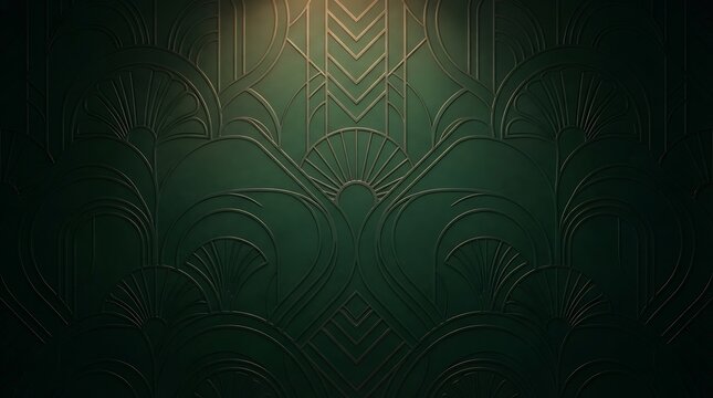 Elegant dark green background with intricate golden Art Deco patterns and a subtle top-center glow, creating a luxurious and vintage aesthetic.