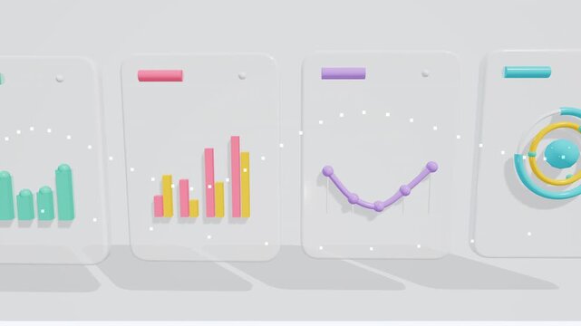 3d animated business data charts and financial graphs on white panels