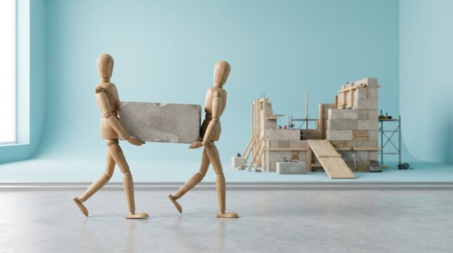 Two wooden mannequins carrying a mattress in a construction setting