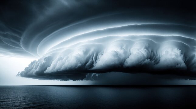 Dramatic shelf cloud rolls over dark ocean horizon. Massive storm clouds form huge formation above calm sea water. Moody blue sky shows intense weather patterns during heavy storm. Nature landscape