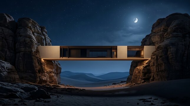 Ancient stone archway frames a moonlit landscape at night