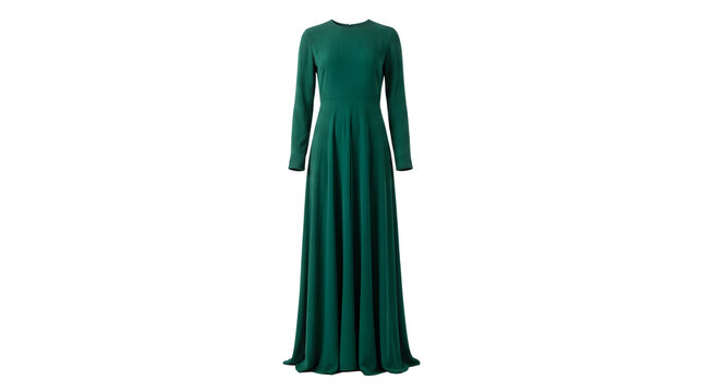 Elegant emerald green maxi dress with long sleeves, minimalist long evening gown, modest dark green women fashion mockup isolated on white background