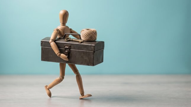 Wooden mannequin carrying large suitcase with yarn