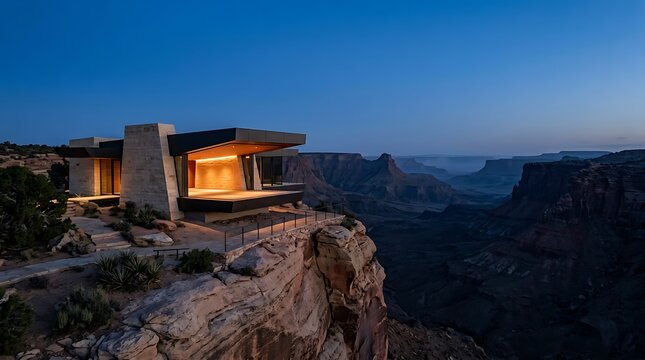 Modern hillside home illuminated at dusk overlooking a scenic mountain landscape
