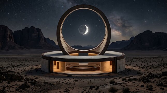 Modern desert home with large windows showcasing a crescent moonlit night