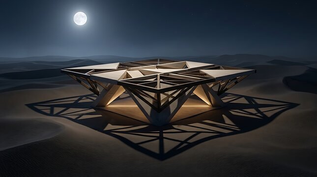 Mysterious glowing geometric structure in the desert under a full moon