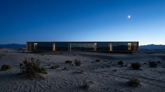 Modern desert home illuminated at twilight with a clear night sky