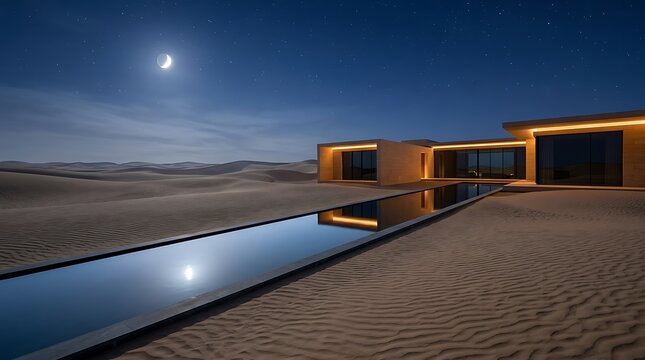 Modern desert home illuminated at night under a bright full moon