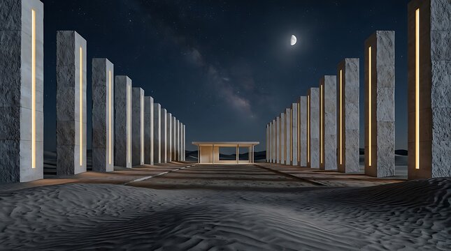 Modern architecture illuminated at night with a dramatic perspective and moonlit sky