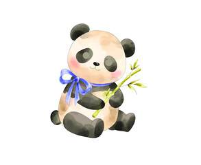 Adorable Baby Panda Watercolor Illustration Holding a Fresh Bamboo Branch and Wearing a Decorative Blue Ribbon Bow, Cute Animal Character Design Isolated on Transparent Background © Bolangmania