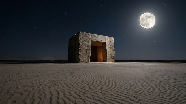 Ancient stone archway illuminated by a bright full moon at night