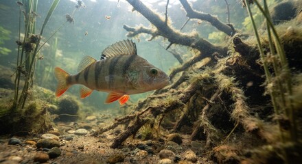 Obraz premium European Perch (Perca fluviatilis) Swimming Underwater with Sun Rays in Clear Lake