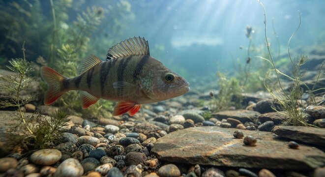 European Perch (Perca fluviatilis) Swimming Underwater with Sun Rays in Clear Lake