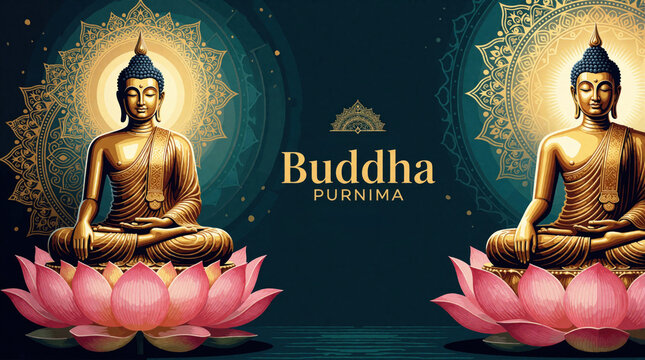 Golden Buddha statues sit in meditation on pink lotus flowers. Symmetrical flat illustration features mandala patterns, navy blue background. Sacred religious art for Buddha Purnima festival