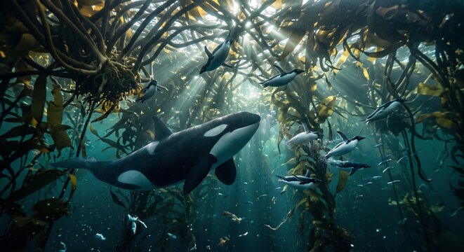 Killer Whale (Orcinus orca) and penguins swimming underwater through giant kelp forest (Macrocystis pyrifera) with sun rays.