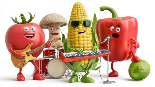 A band of cute cartoon food characters plays music on stage with a tomato on guitar, mushroom on drums, and corn on keyboard.