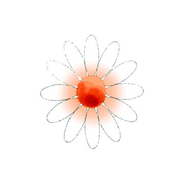 Stylized minimalist flower illustration featuring a vibrant red and orange watercolor center with soft glow effect and delicate grey dashed line petals, isolated on transparent background