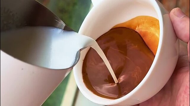 Barista Pouring Steamed Milk to Create Intricate Slow-Rosetta Wing Latte Art in White Cup