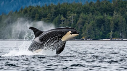 Obraz premium Majestic killer whale orca breaching out of the cold ocean water with a massive splash against a dense evergreen pine forest background in a scenic coastal wildlife environment.